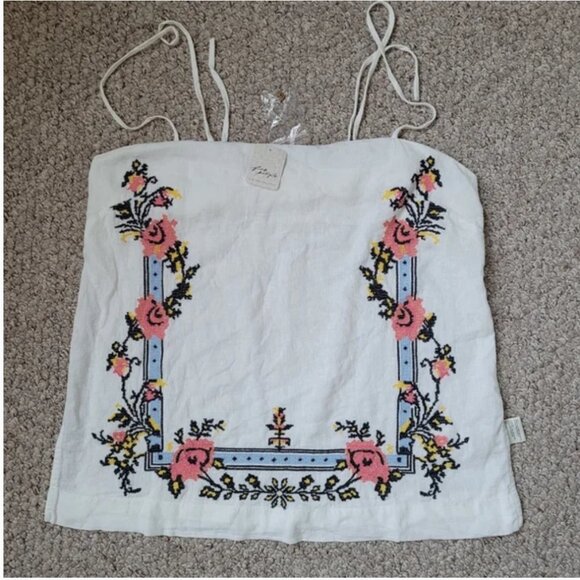 Free People NWT Ivory Embroidered Set Wide Leg Linen Blend Pants & Top - Picture 5 of 11